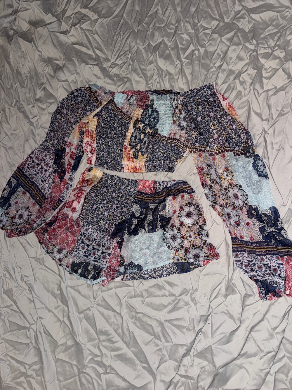 Boohoo Multicolor Floral Patchwork Off-Shoulder Crop Top